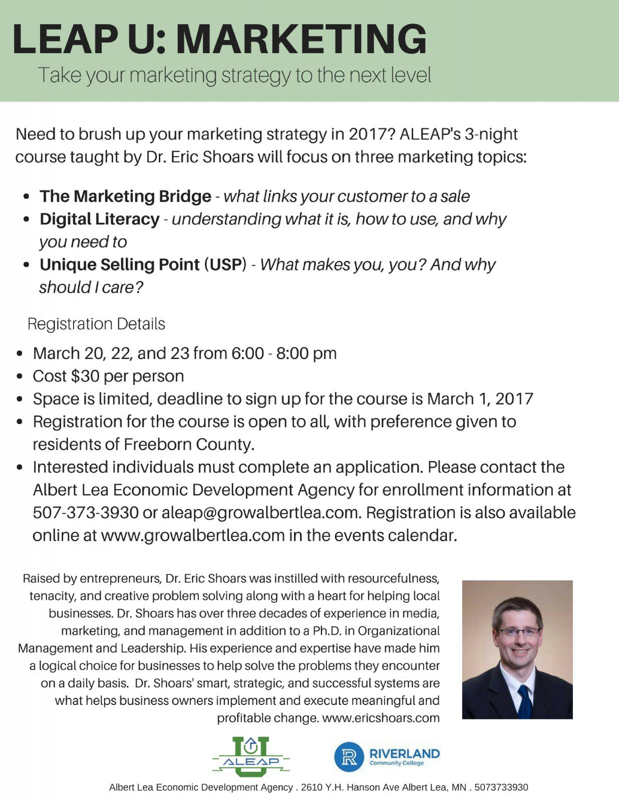 ALEAP brings Eric Shoars to Albert Lea to give our community tools for marketing